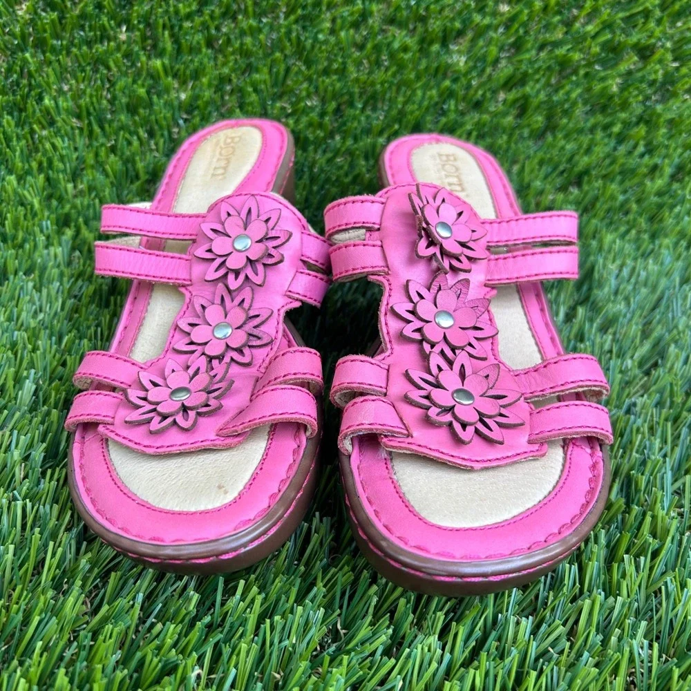 Born Pink Leather Floral Wedge Sandals Strappy Slide 7 38 W51892 CKL11